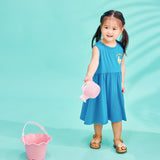 Girl Wearing OETEO Duckie's Day Off Bamboo Toddler Casual Sleeveless Dress (Blue)