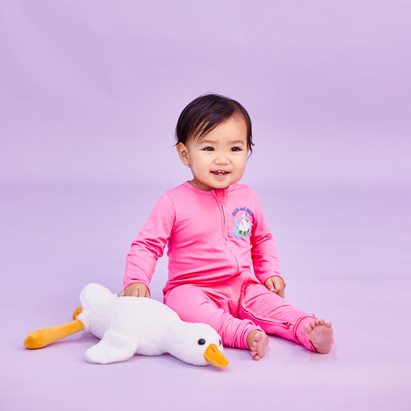 Baby Girl Wearing OETEO Duckie's Day Off Bamboo Zippy Jumpsuit 2Pc Bundle (Pink)