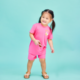Girl Wearing OETEO Duckie's Day Off Bamboo Toddler Tee Set (Pink)