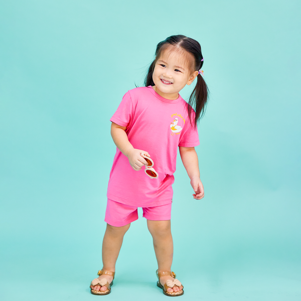 Girl Wearing Duckie's Day Off Bamboo Kid Tee Set (Pink)