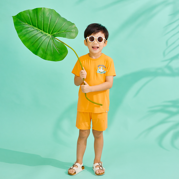 Boy Wearing OETEO Duckie's Day Off Bamboo Toddler Tee Set (Orange)