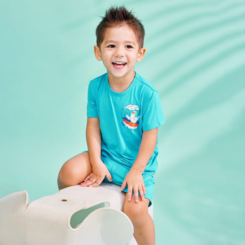 Boy Wearing OETEO Duckie's Day Off Bamboo Toddler Tee Set (Teal)