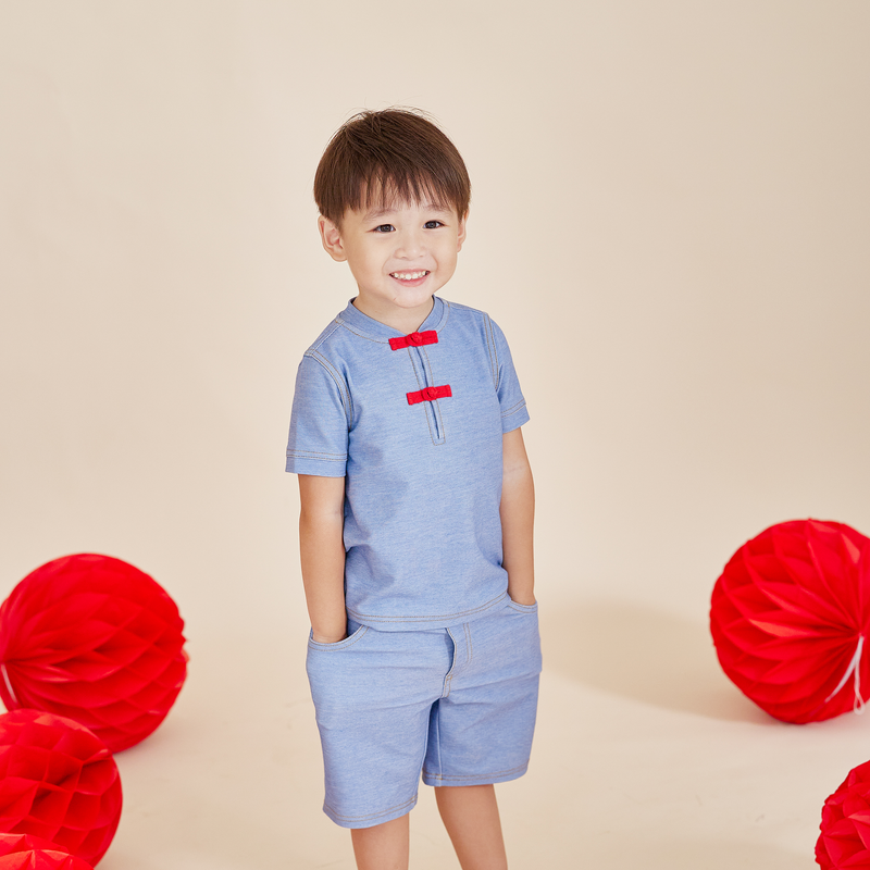 Boy Wearing OETEO CNY Modern Blessings Baby Polo Tee