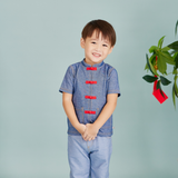 Boy Wearing OETEO CNY Modern Blessings Toddler Mandarin Shirt
