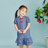 Girl Wearing OETEO CNY Modern Blessings Toddler Girl Polo Puff Sleeve Dress