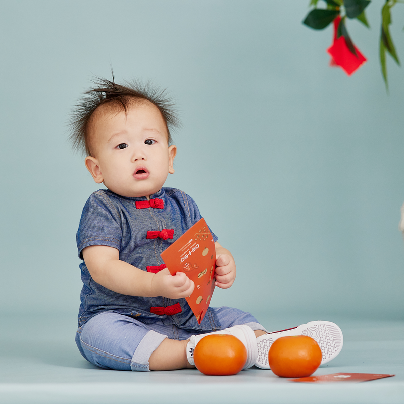 Baby Boy Wearing OETEO CNY Modern Blessings Baby Mandarin Shirt