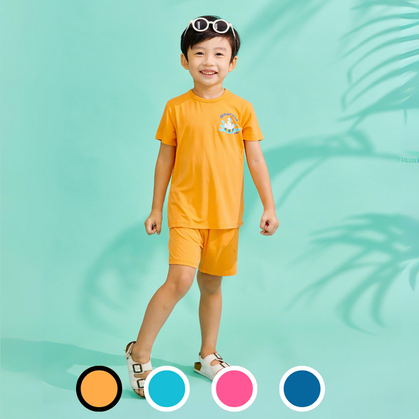 Boy Wearing Duckie's Day Off Bamboo Kid Tee Set (Orange)