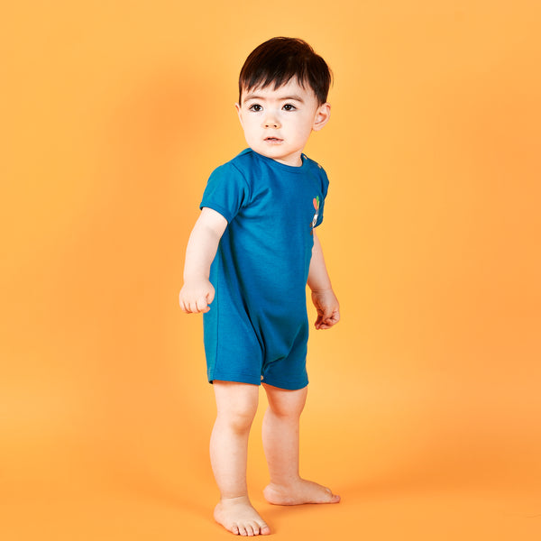 Baby Wearing OETEO Rainbow safari short sleeve playsuit in blue