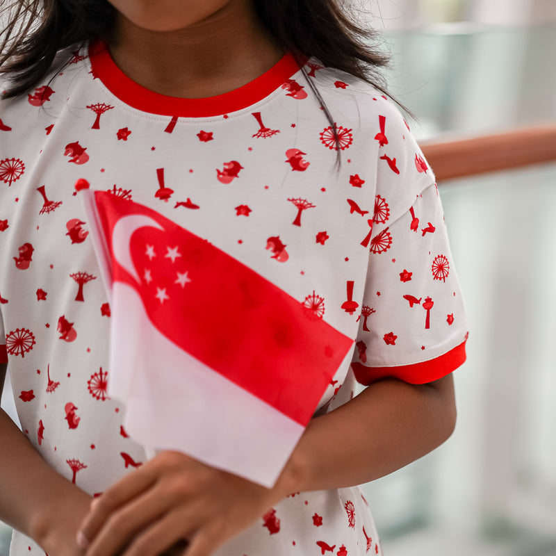 Girl Wearing OETEO Heritage Singapore Icons Toddler Kid Tee Shirt
