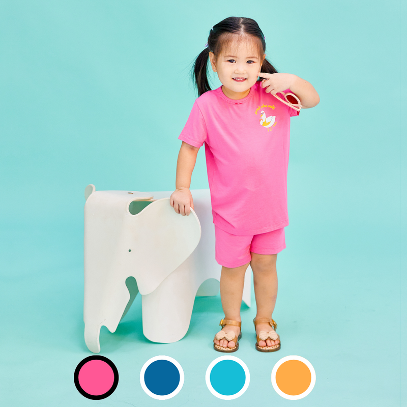 Girl Wearing OETEO Duckie's Day Off Bamboo Toddler Tee Set (Assorted Colours)