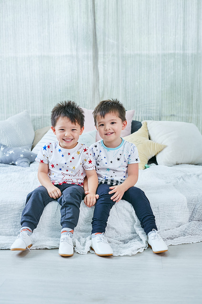 Two boys dressed Starry Gaze Fringed Tee (Red) | Oeteo Singapore