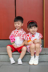 A boy and a girl dressed Jian Zhi Little Gentleman Mandarin Collar Set (Red) | Oeteo Singapore