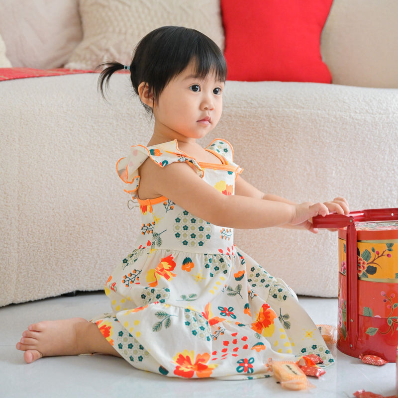 OETEO Abundance Of Blooms CNY Toddler Girl Layered Flutter Sleeve Dress