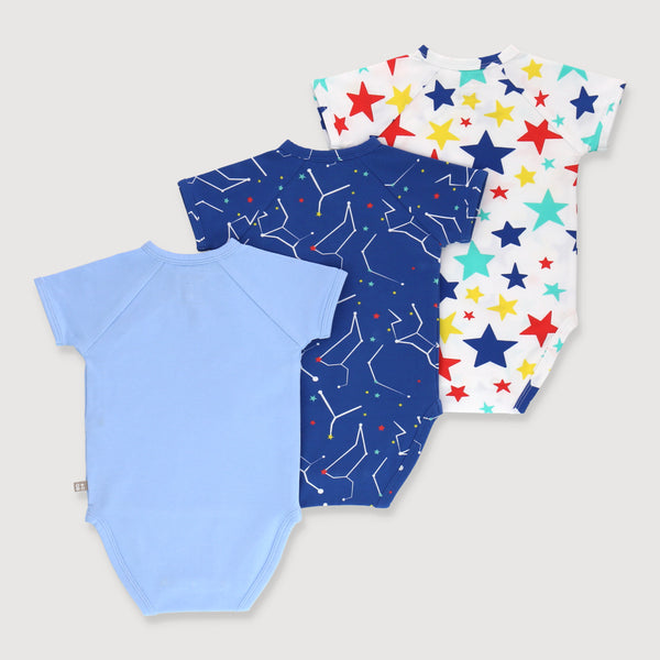 OETEO Little Explorer Baby Short Sleeve Kimono Romper 3 Pc Bundle (Blue)