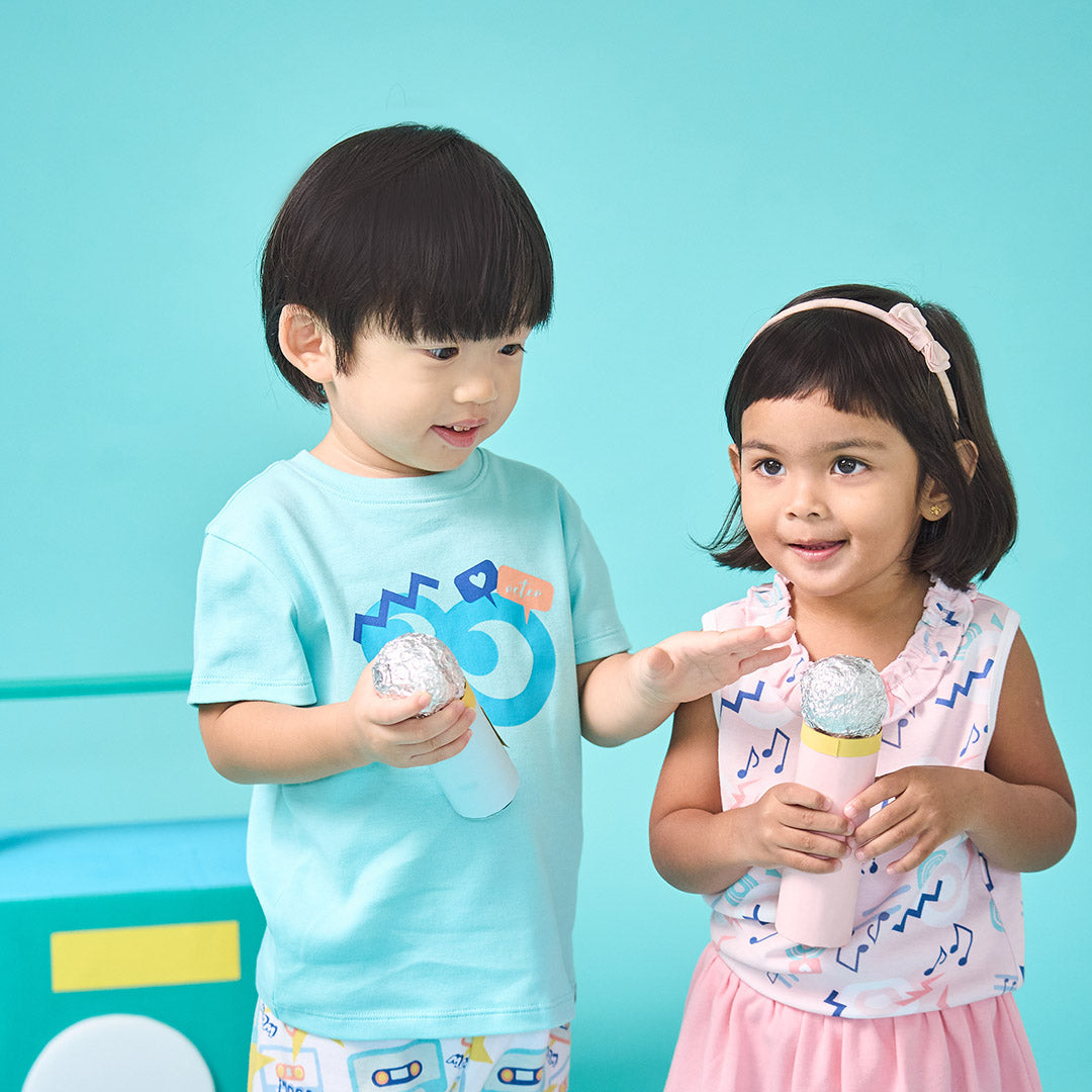 A boy and girl dressed Mixtape Girl Top And Bottom 4pc Bundle Set (Pink) | Oeteo Singapore